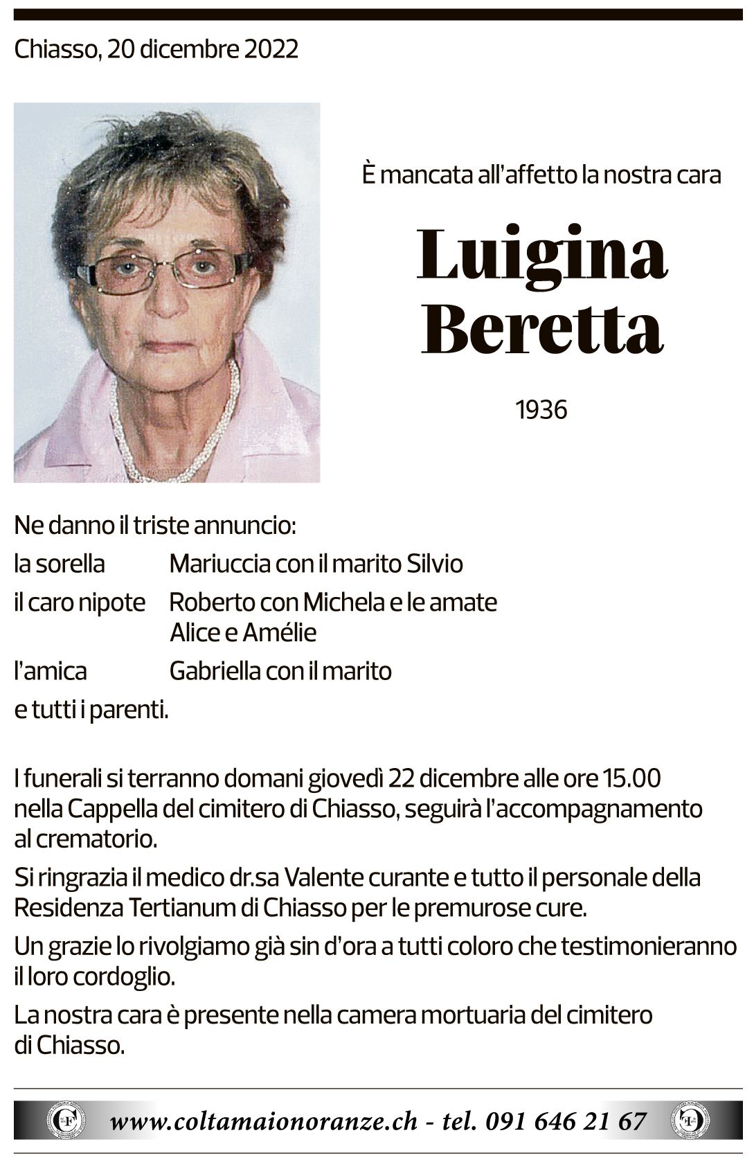 Annuncio funebre Luigina Beretta