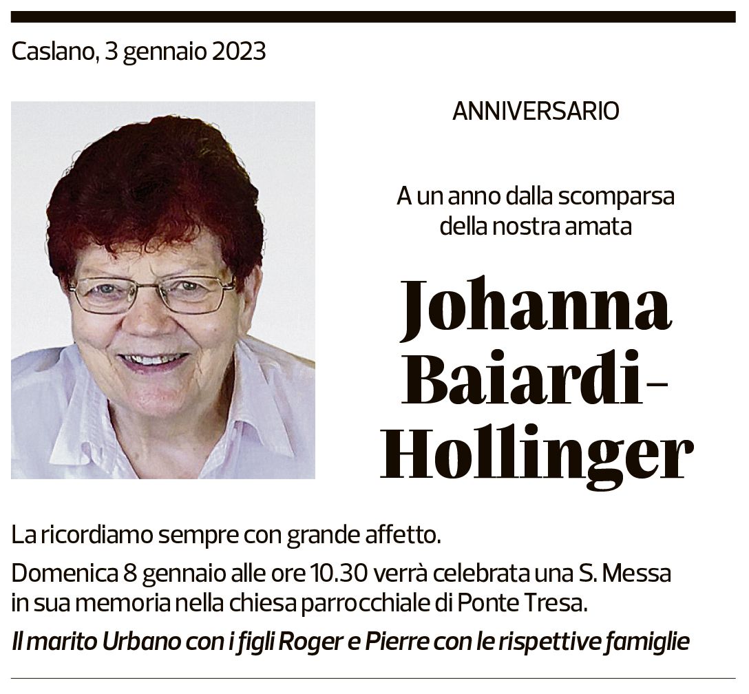 Annuncio funebre Johanna Baiardi-hollinger