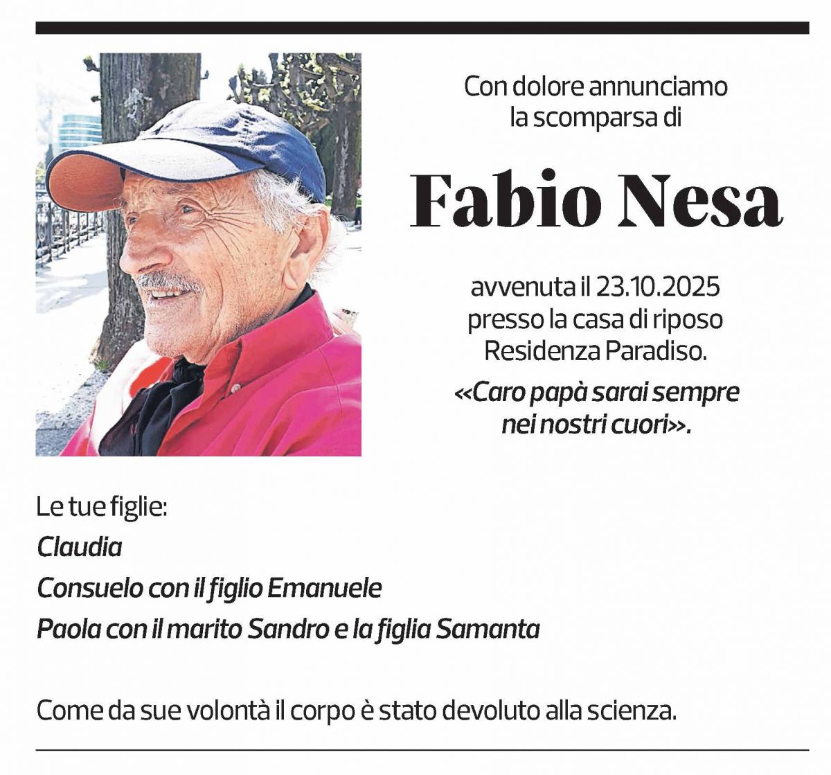 Annuncio funebre Fabio Nesa