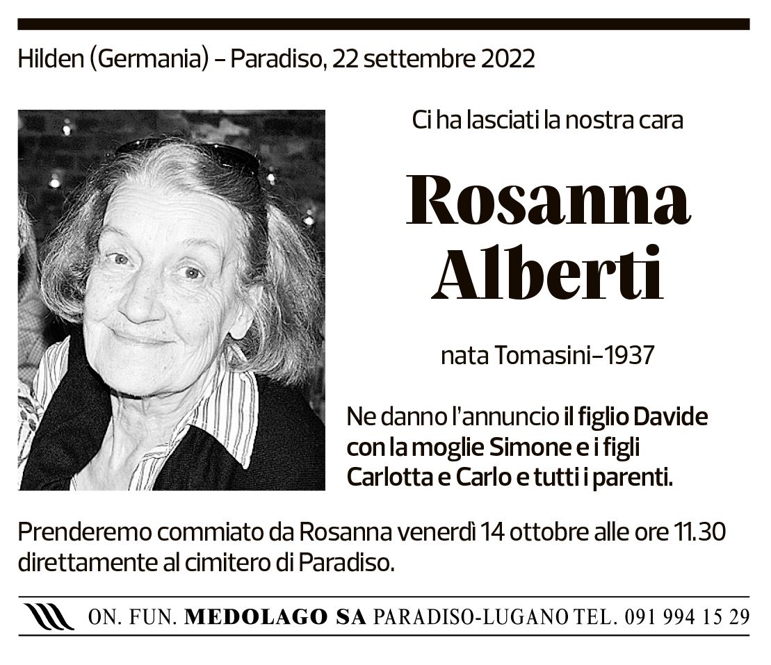 Annuncio funebre Rosanna Alberti