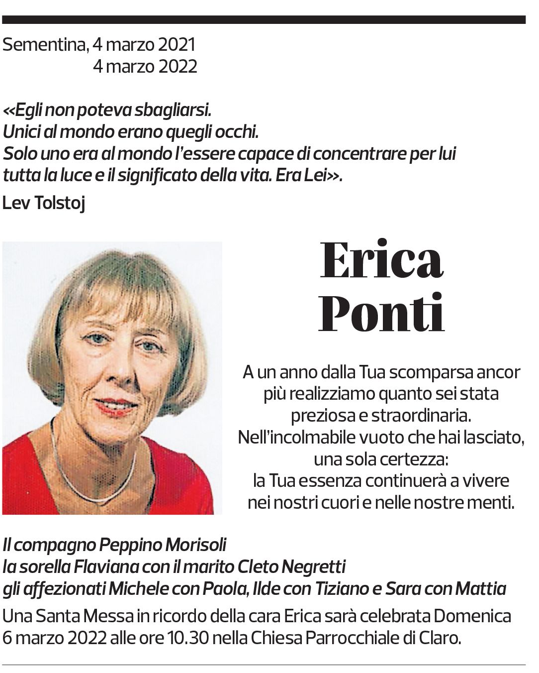 Annuncio funebre Erica Ponti