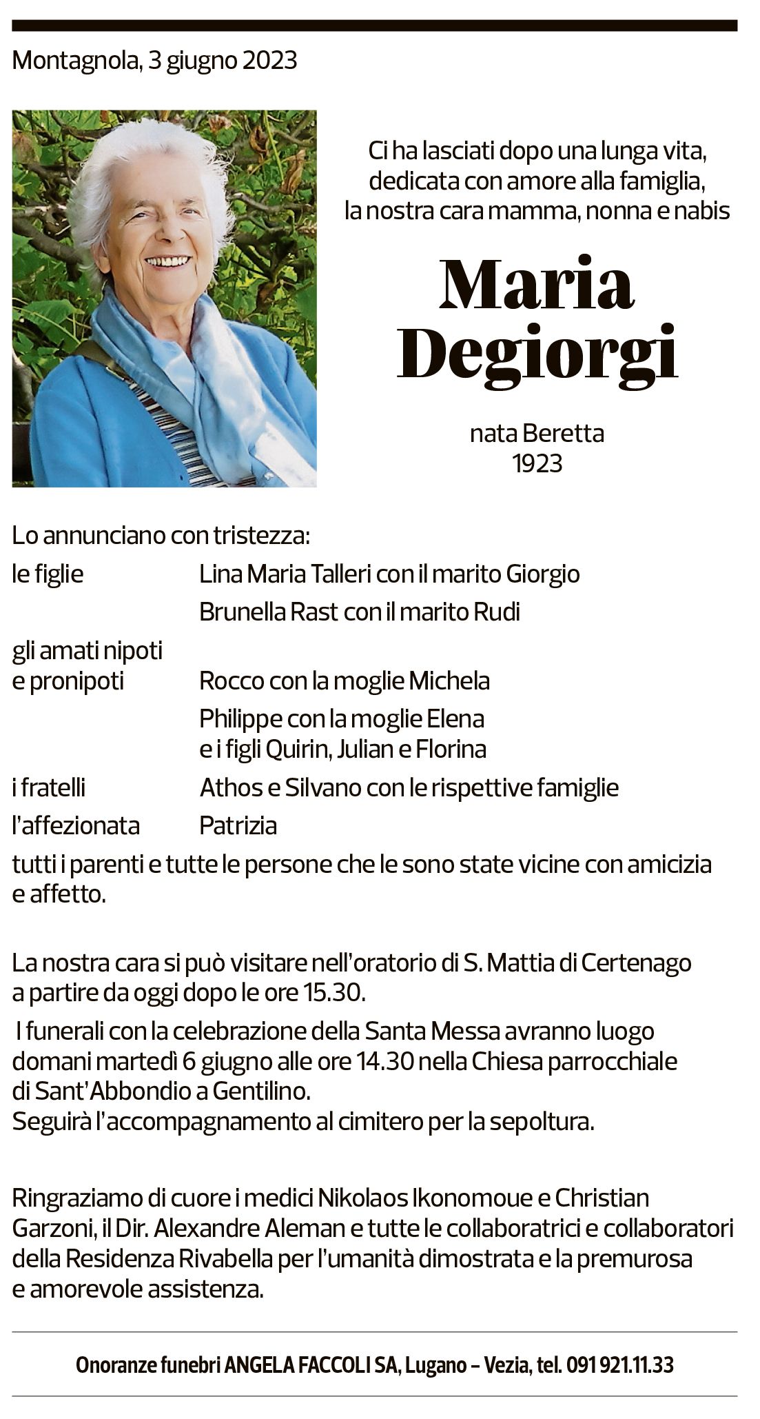 Annuncio funebre Maria Degiorgi