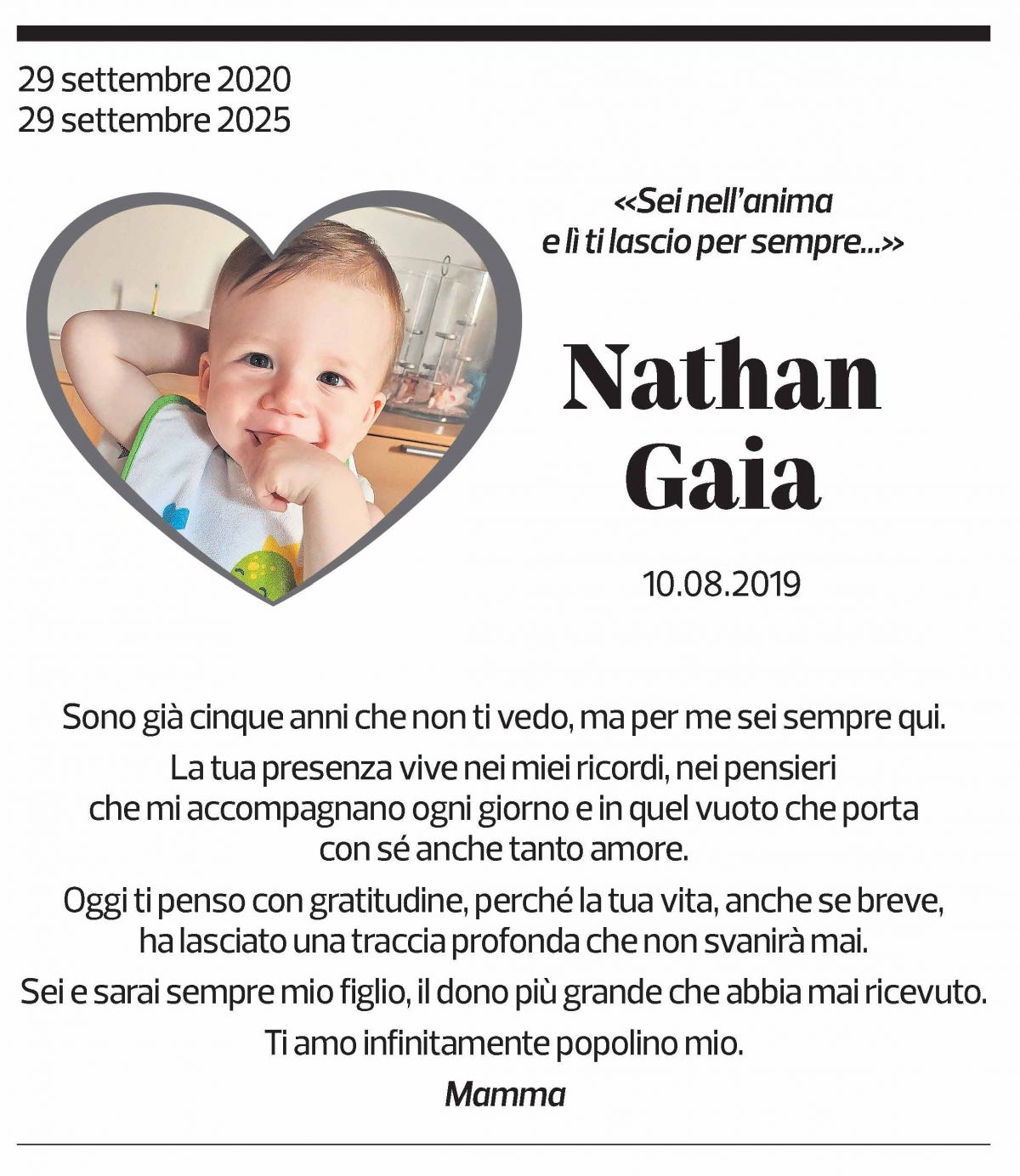 Annuncio funebre Nathan Gaia