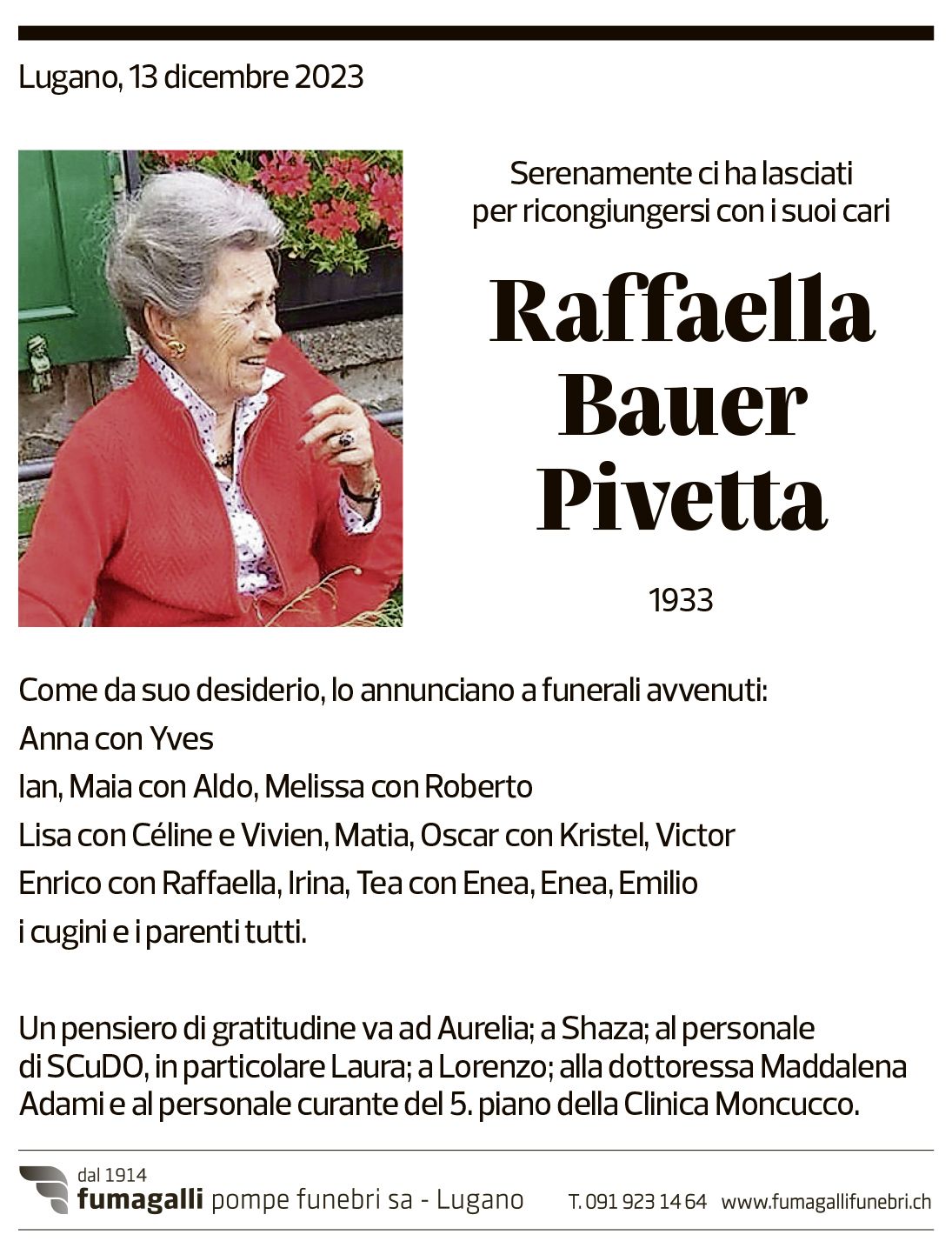 Annuncio funebre Raffaella Bauer Pivetta