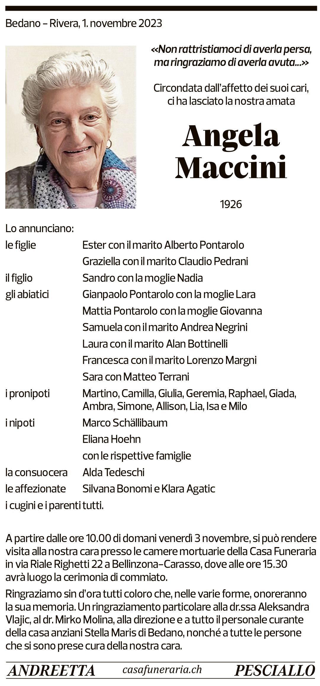 Annuncio funebre Angela Maccini