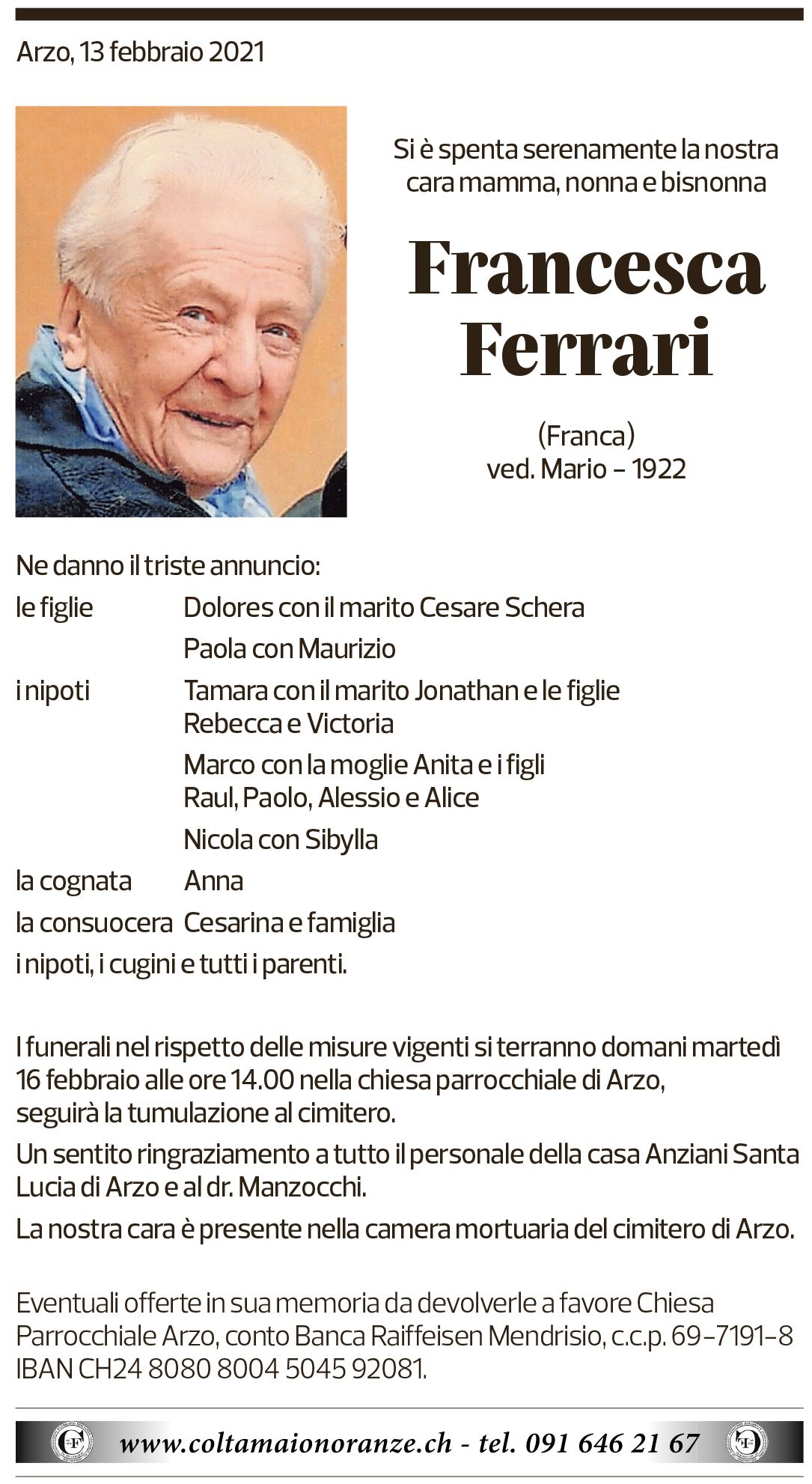 Annuncio funebre Francesca Ferrari