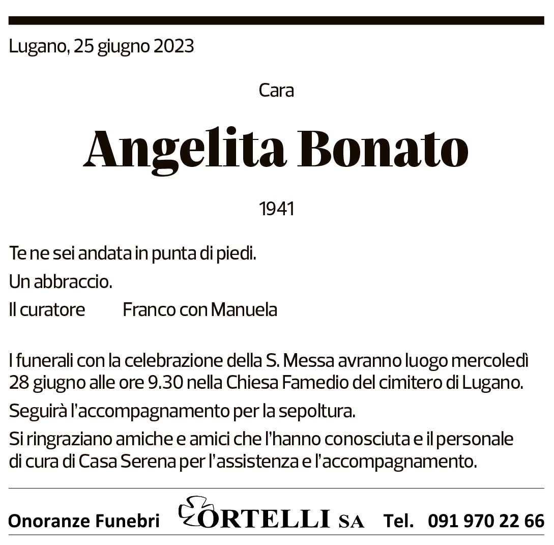 Annuncio funebre Angelita Bonato