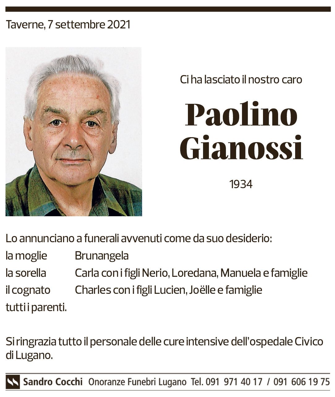 Annuncio funebre Paolino Gianossi