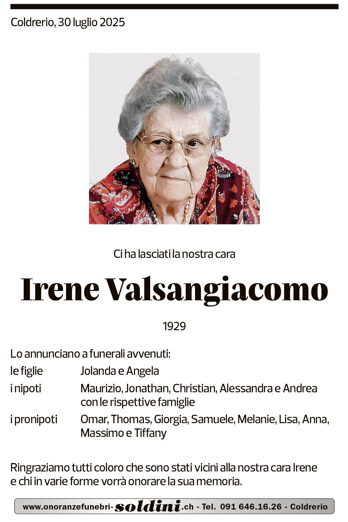 Annuncio funebre Irene Valsangiacomo