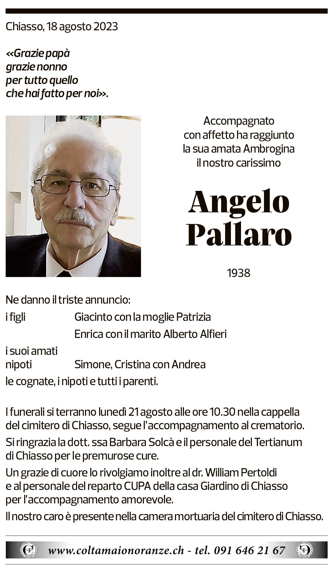 Annuncio funebre Angelo Pallaro