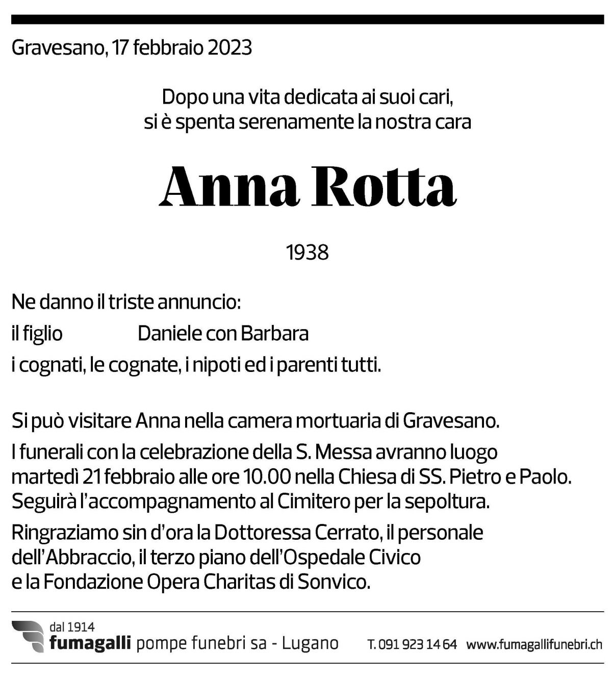 Annuncio funebre Anna Rotta