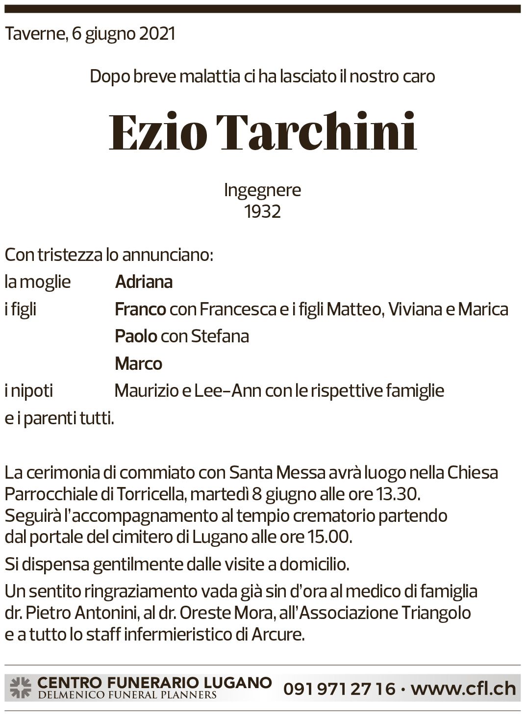 Annuncio funebre Ezio Tarchini