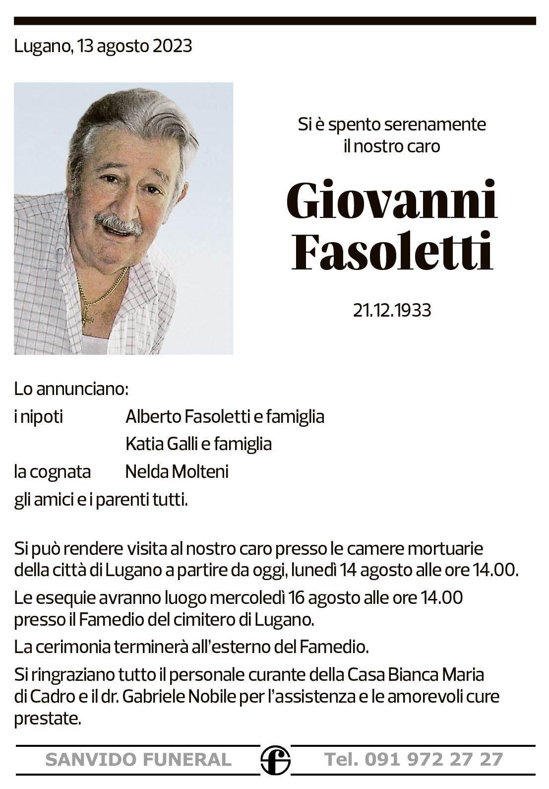 Annuncio funebre Giovanni Fasoletti