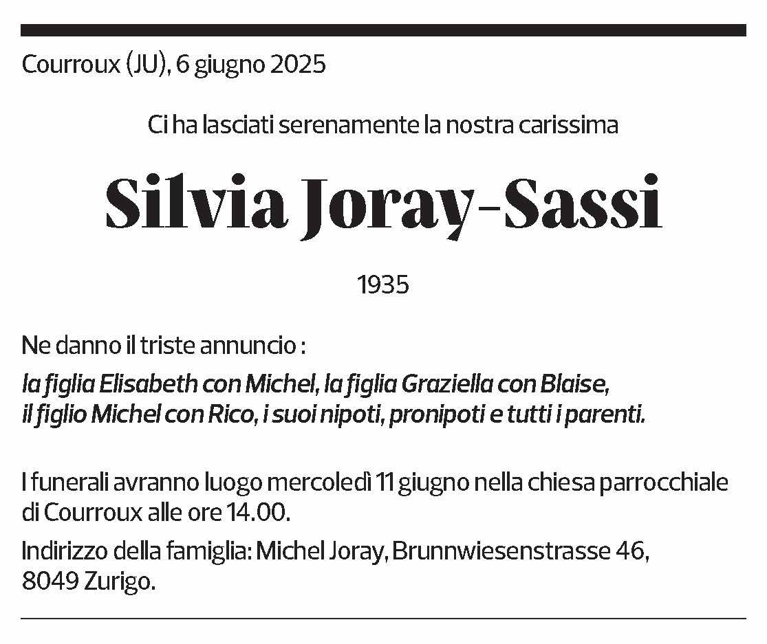 Annuncio funebre Silvia Joray-sassi