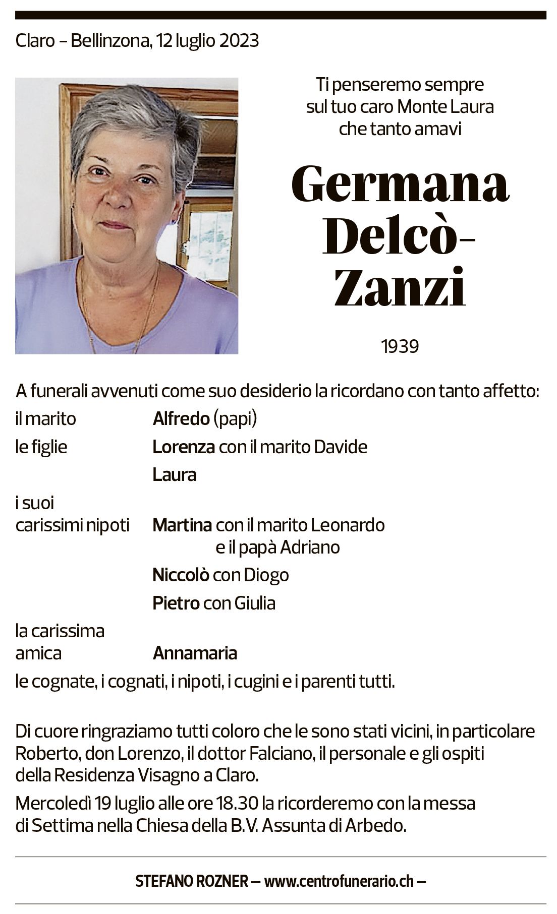 Annuncio funebre Germana Delcò-zanzi