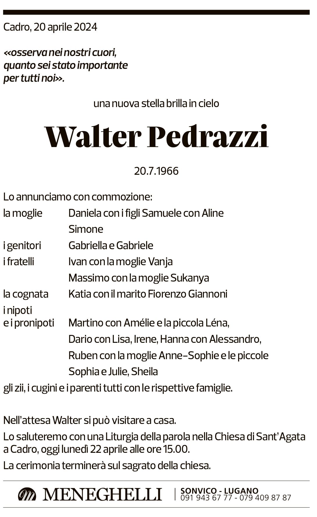 Annuncio funebre Walter Pedrazzi