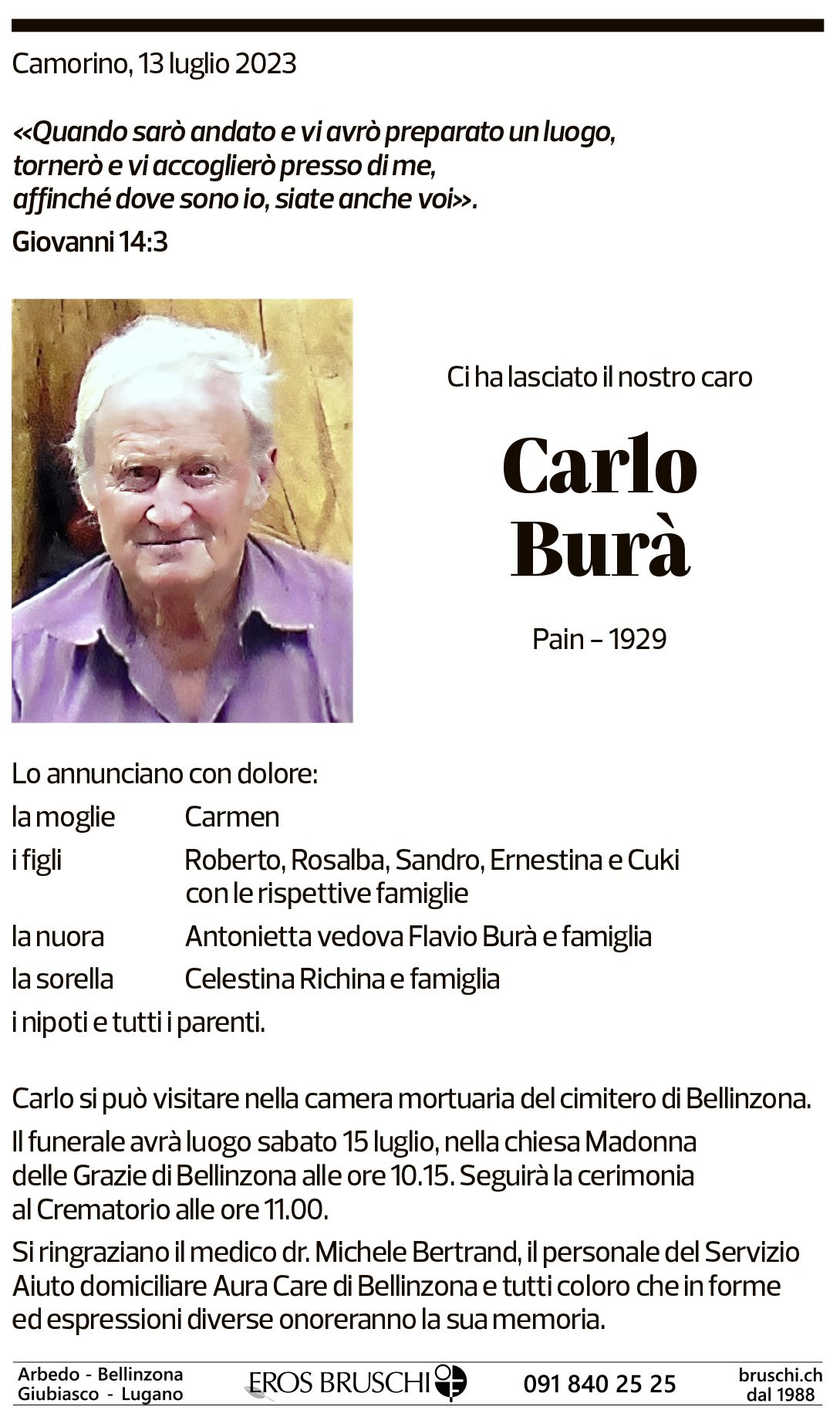 Annuncio funebre Carlo Burà