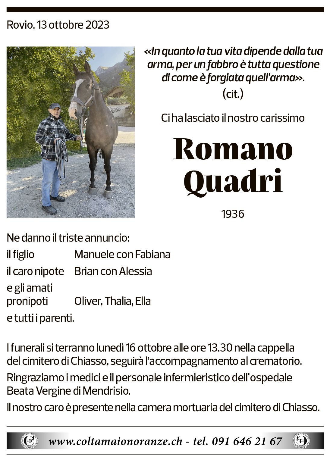 Annuncio funebre Romano Quadri