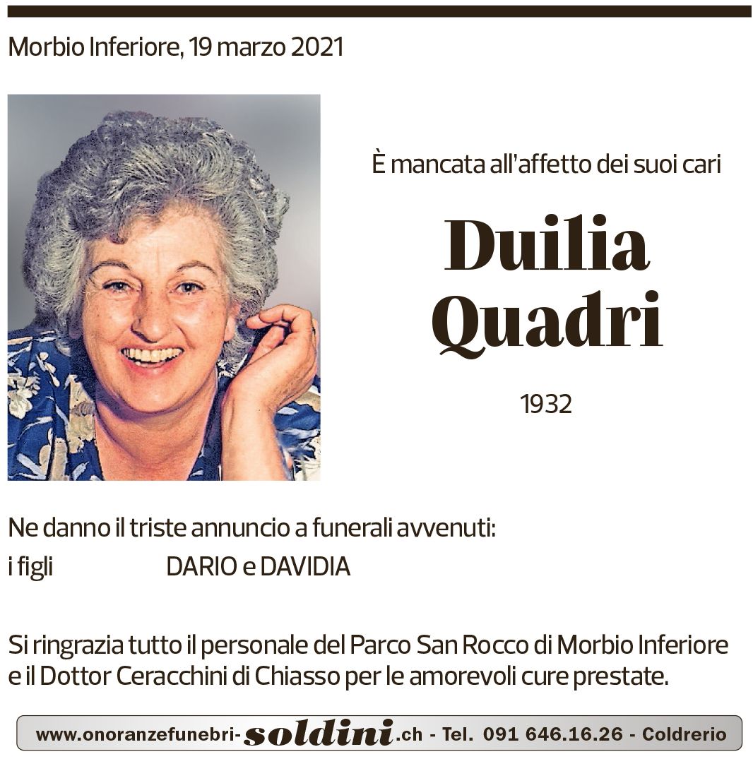 Annuncio funebre Duilia Quadri