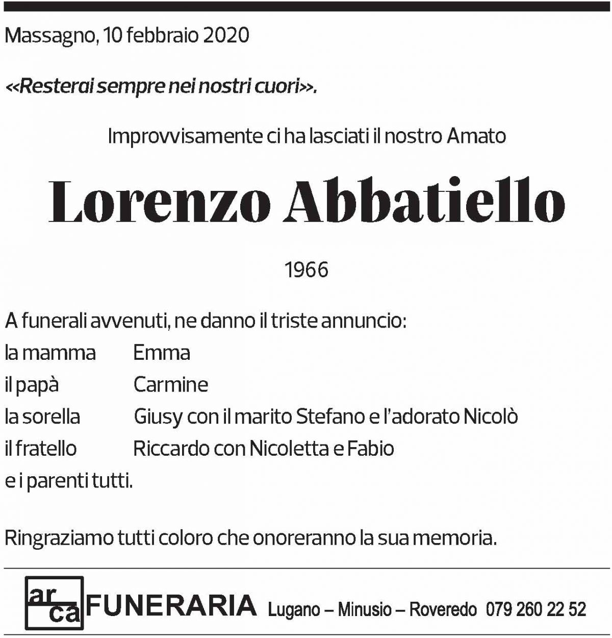 Annuncio funebre Lorenzo Abbatiello