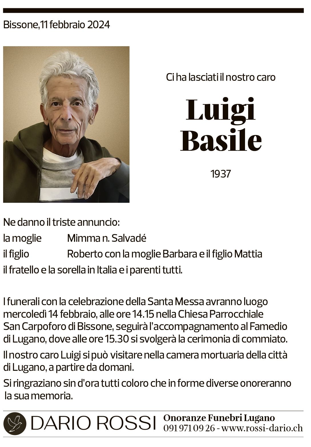 Annuncio funebre Luigi Basile