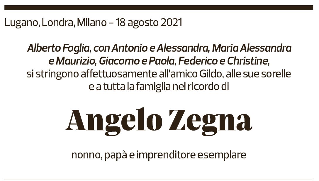 Annuncio funebre Angelo Zegna