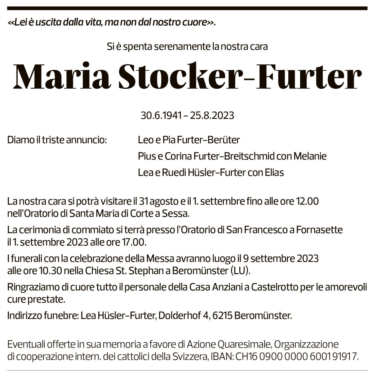 Annuncio funebre Maria Stocker-furter