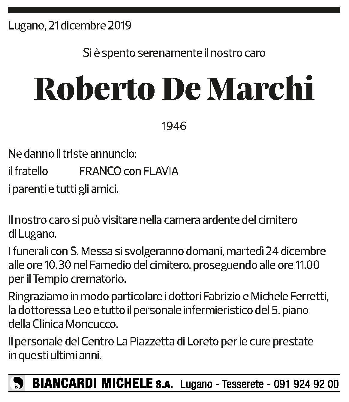 Annuncio funebre Roberto De Marchi