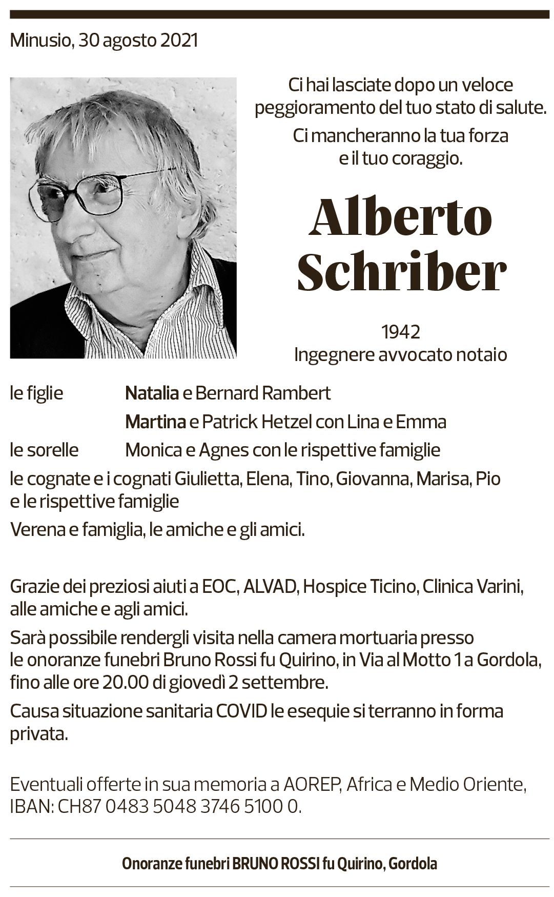 Annuncio funebre Alberto Schriber