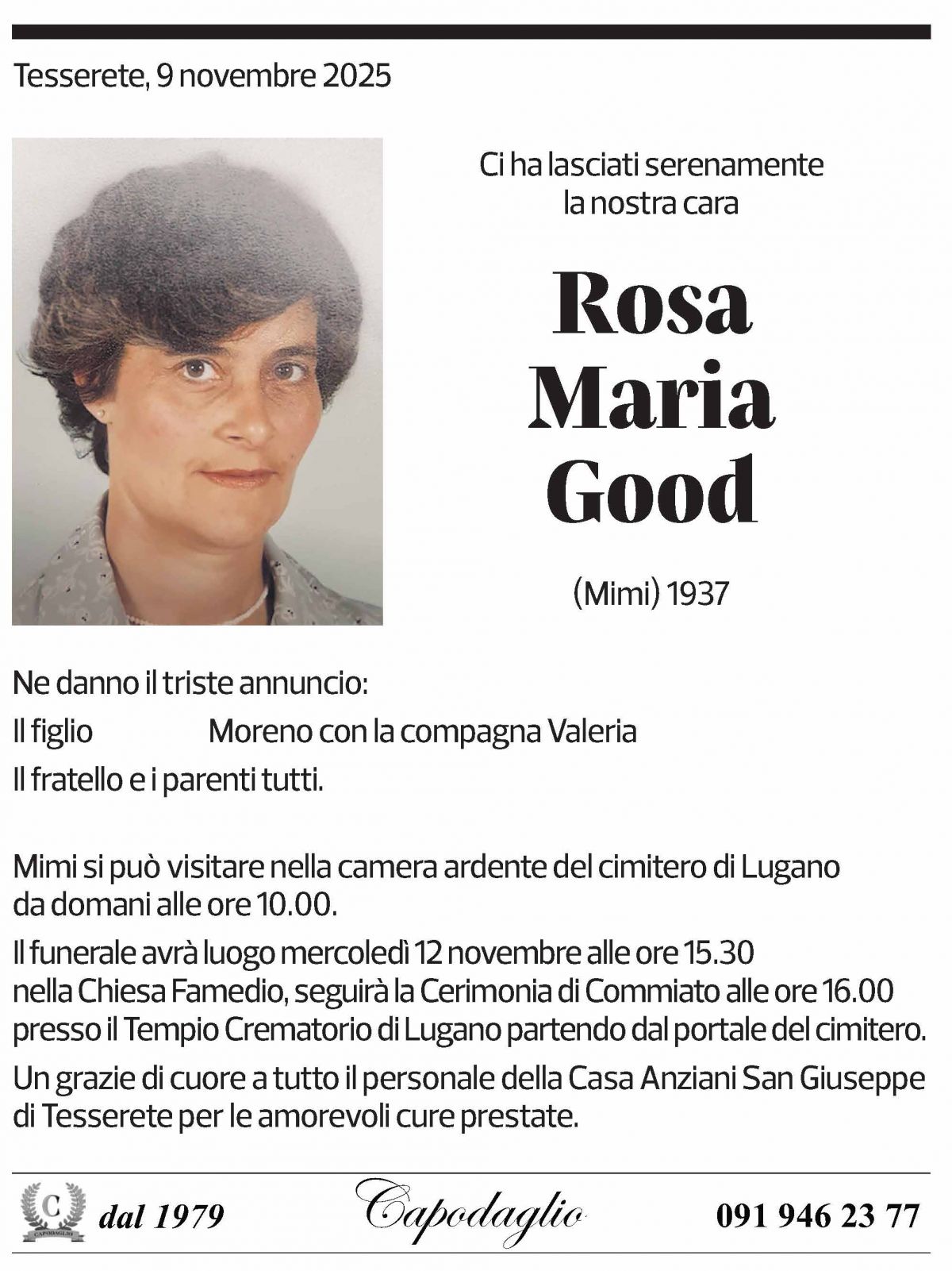 Annuncio funebre Rosa Maria Good