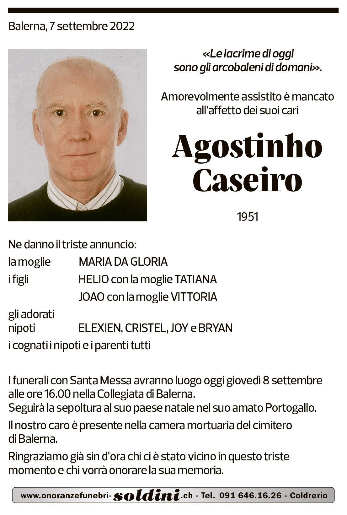 Annuncio funebre Agostinho Caseiro