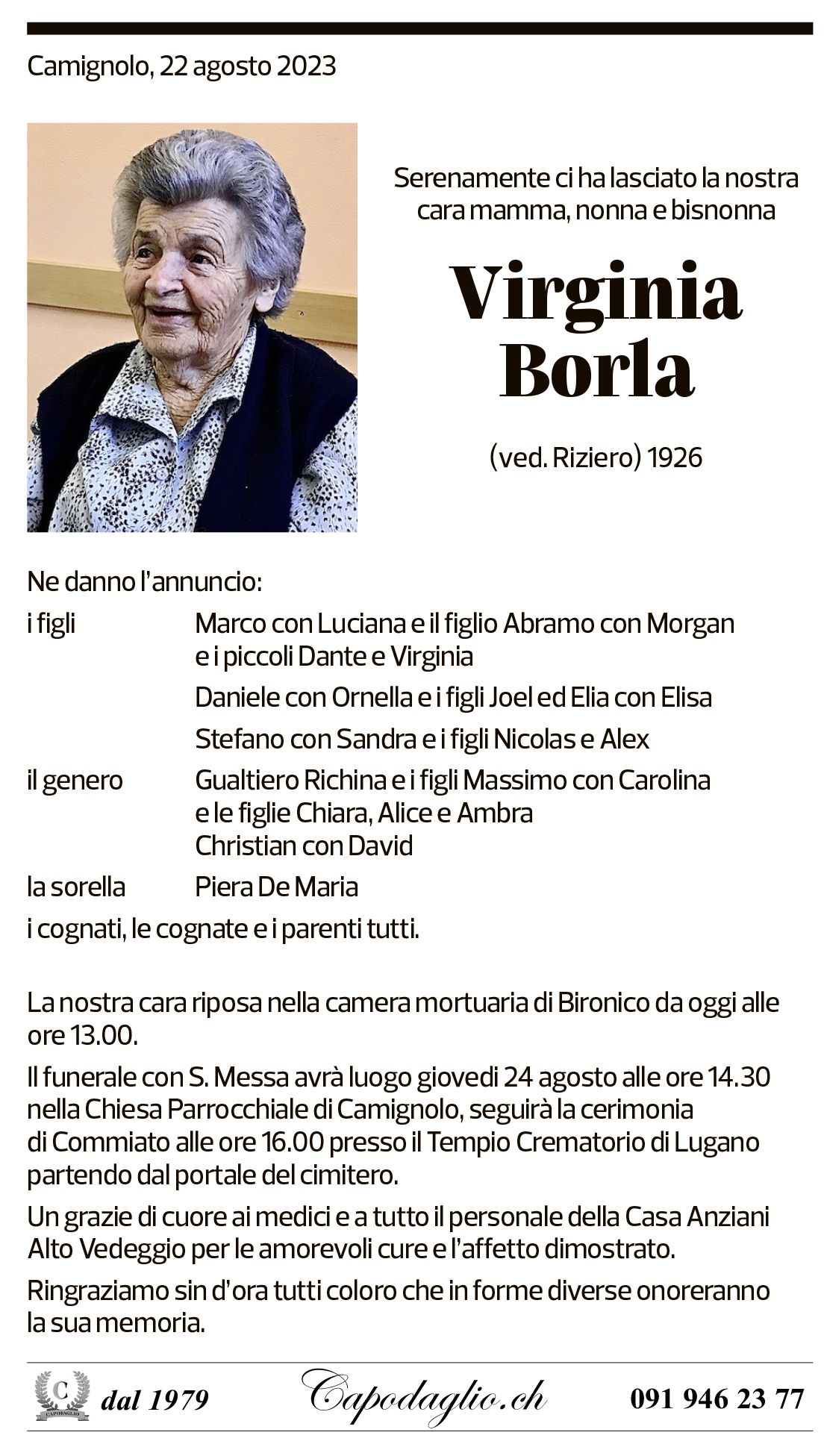 Annuncio funebre Virginia Borla