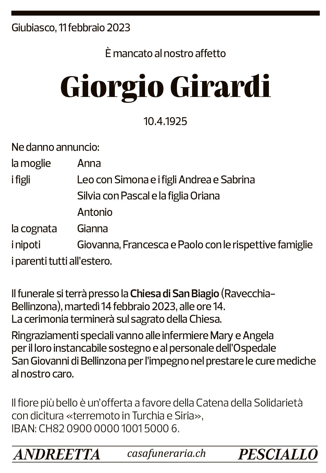 Annuncio funebre Giorgio Girardi