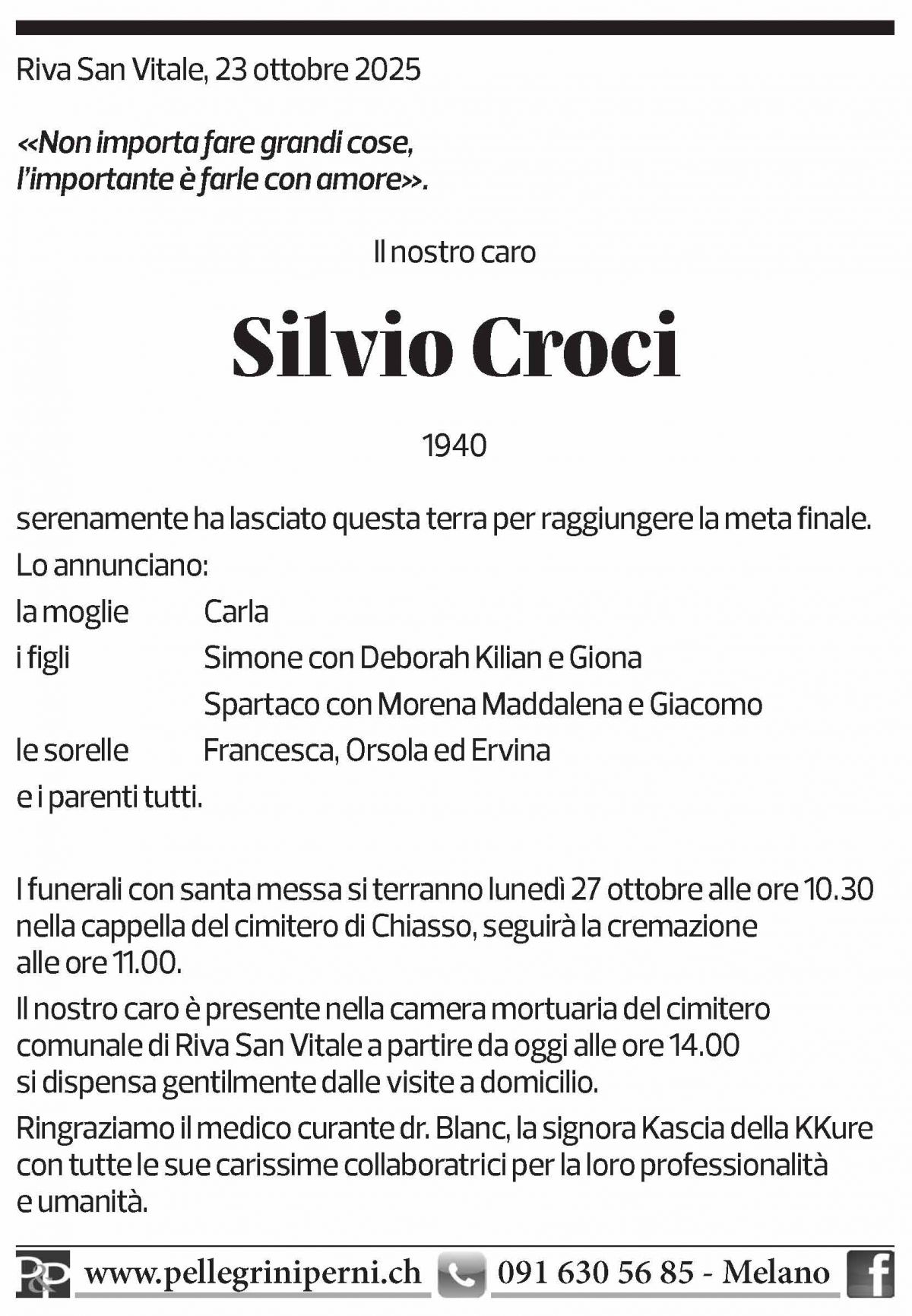 Annuncio funebre Silvio Croci