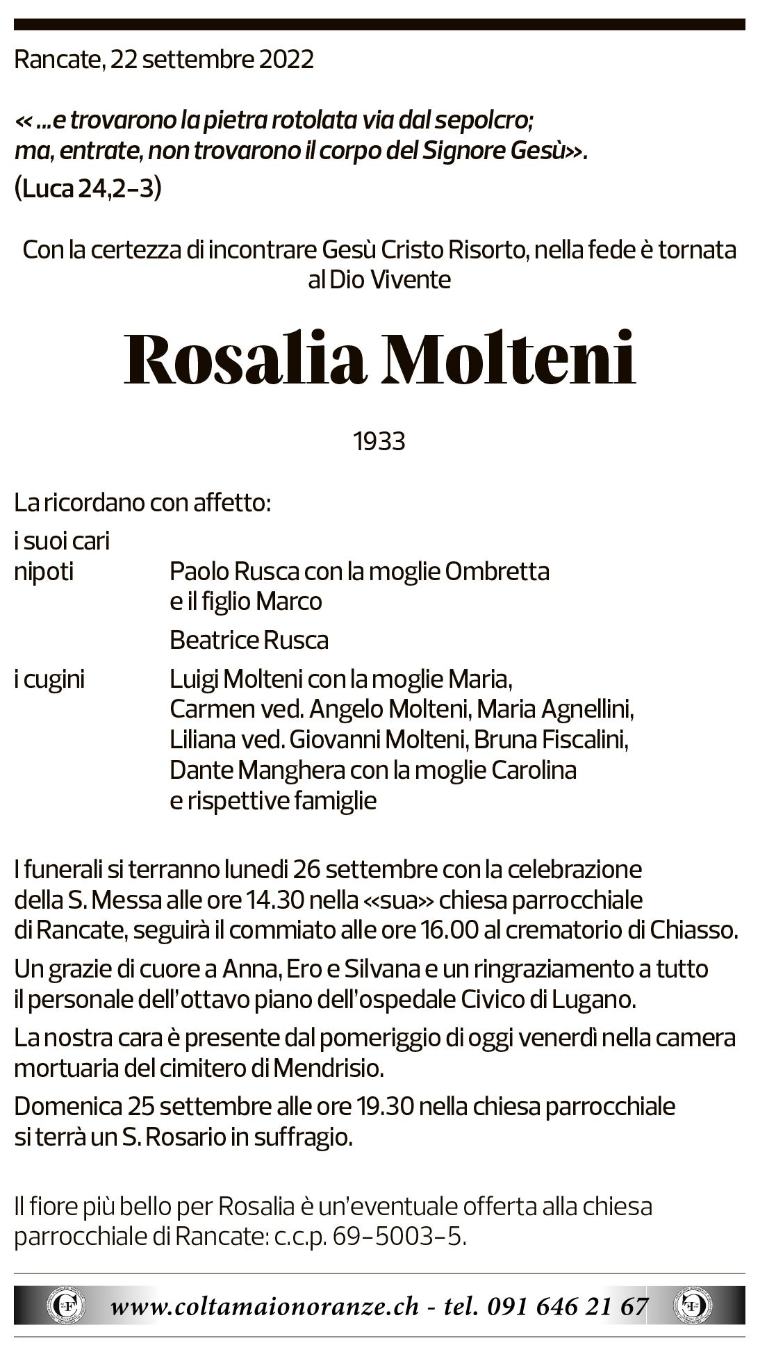 Annuncio funebre Rosalia Molteni