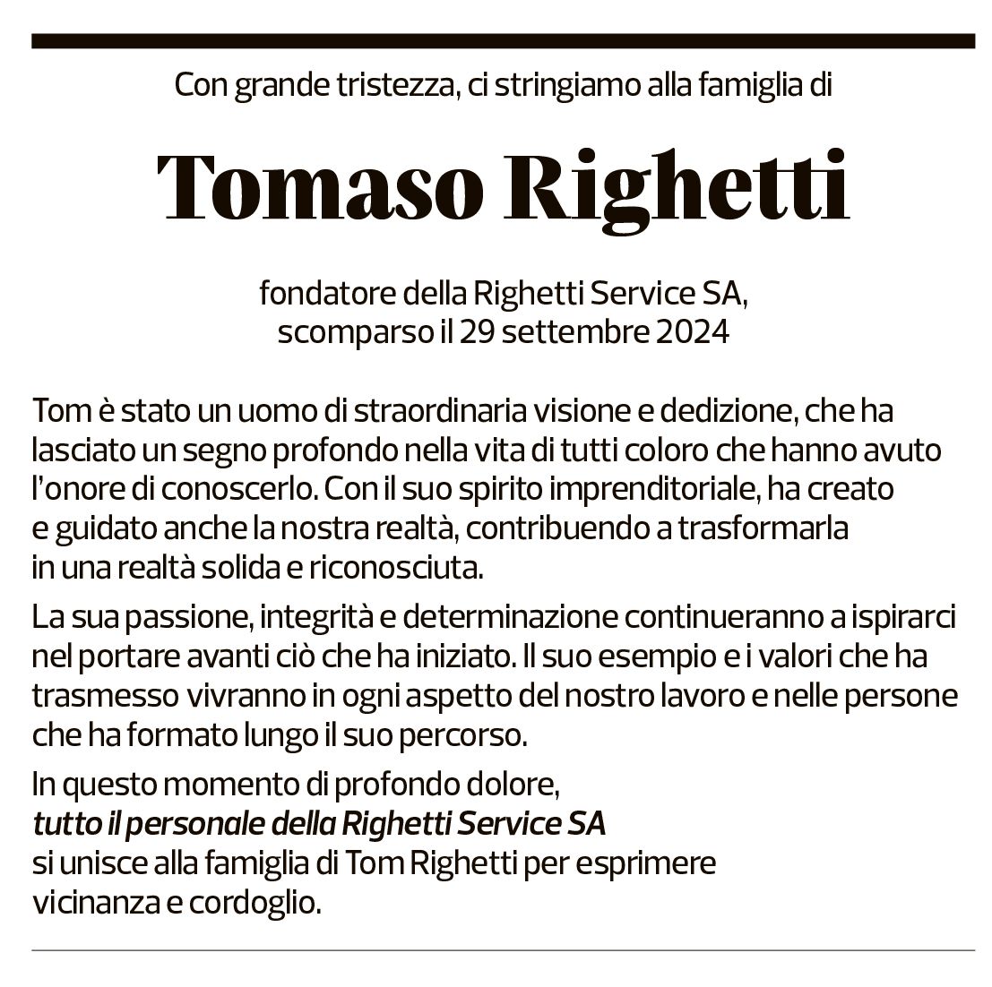 Annuncio funebre Tomaso Righetti