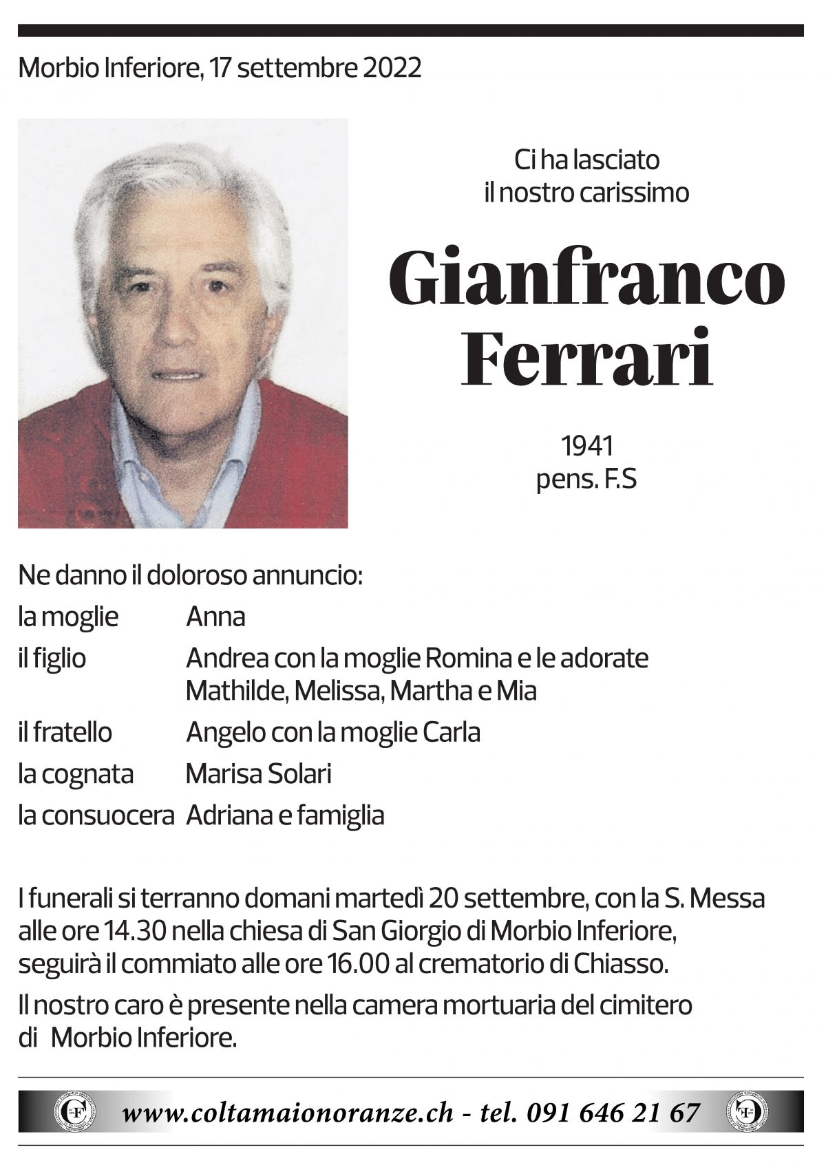 Annuncio funebre Gianfranco Ferrari