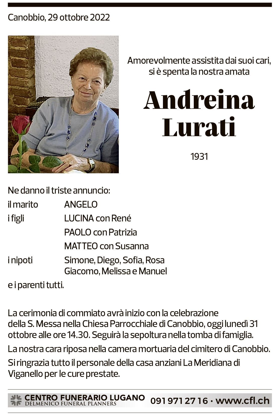 Annuncio funebre Andreina Lurati