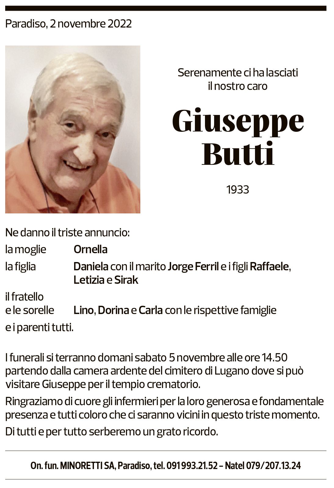 Annuncio funebre Giuseppe Butti