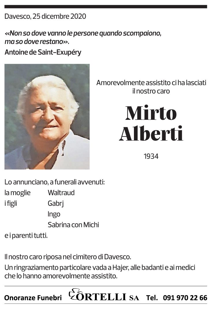 Annuncio funebre Mirto Alberti