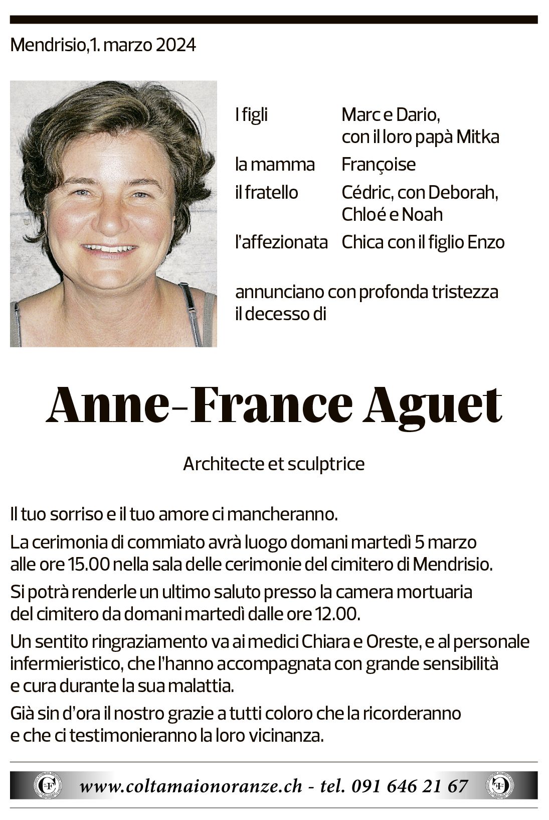 Annuncio funebre Anne-france Aguet
