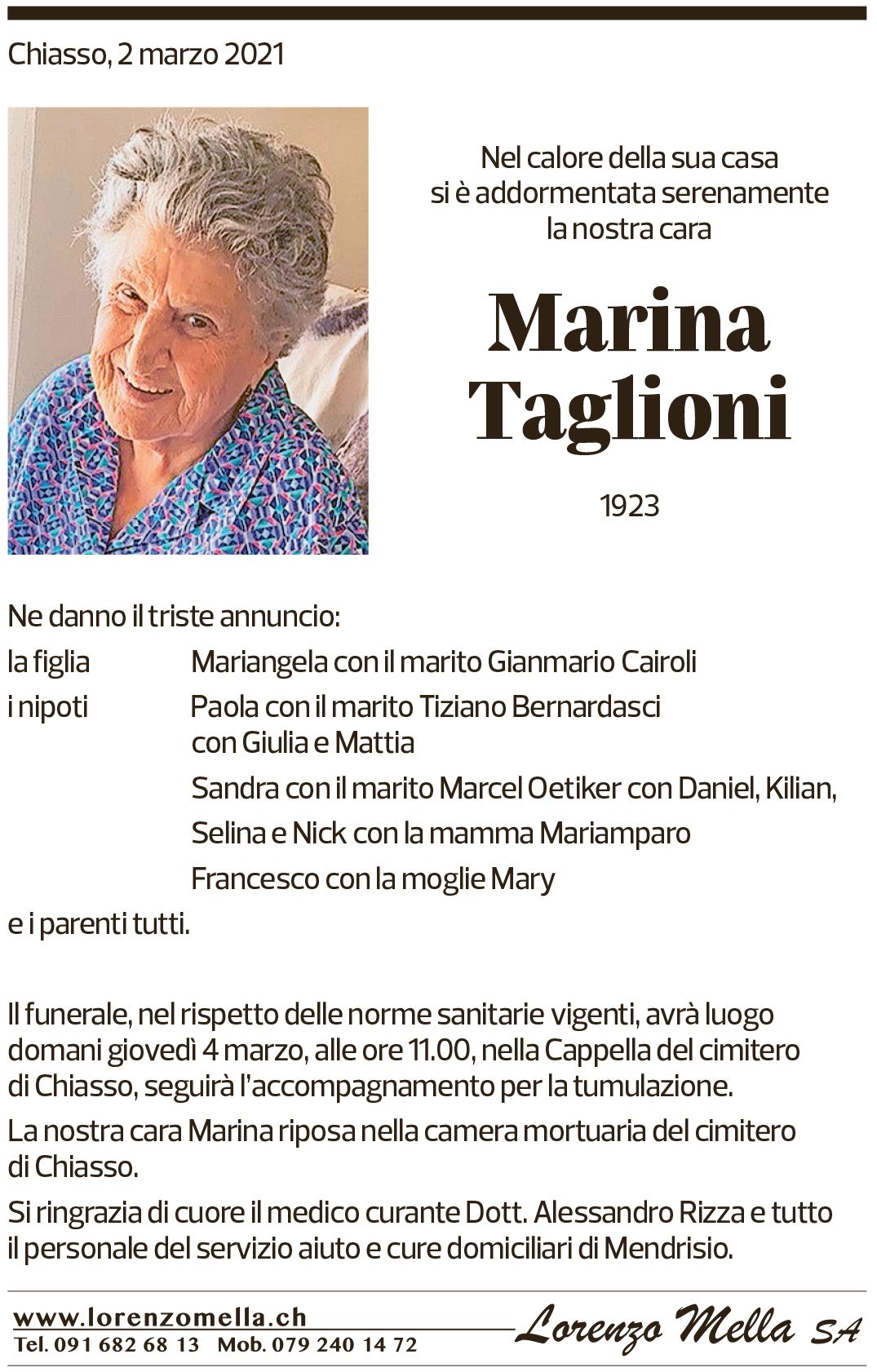 Annuncio funebre Marina Taglioni