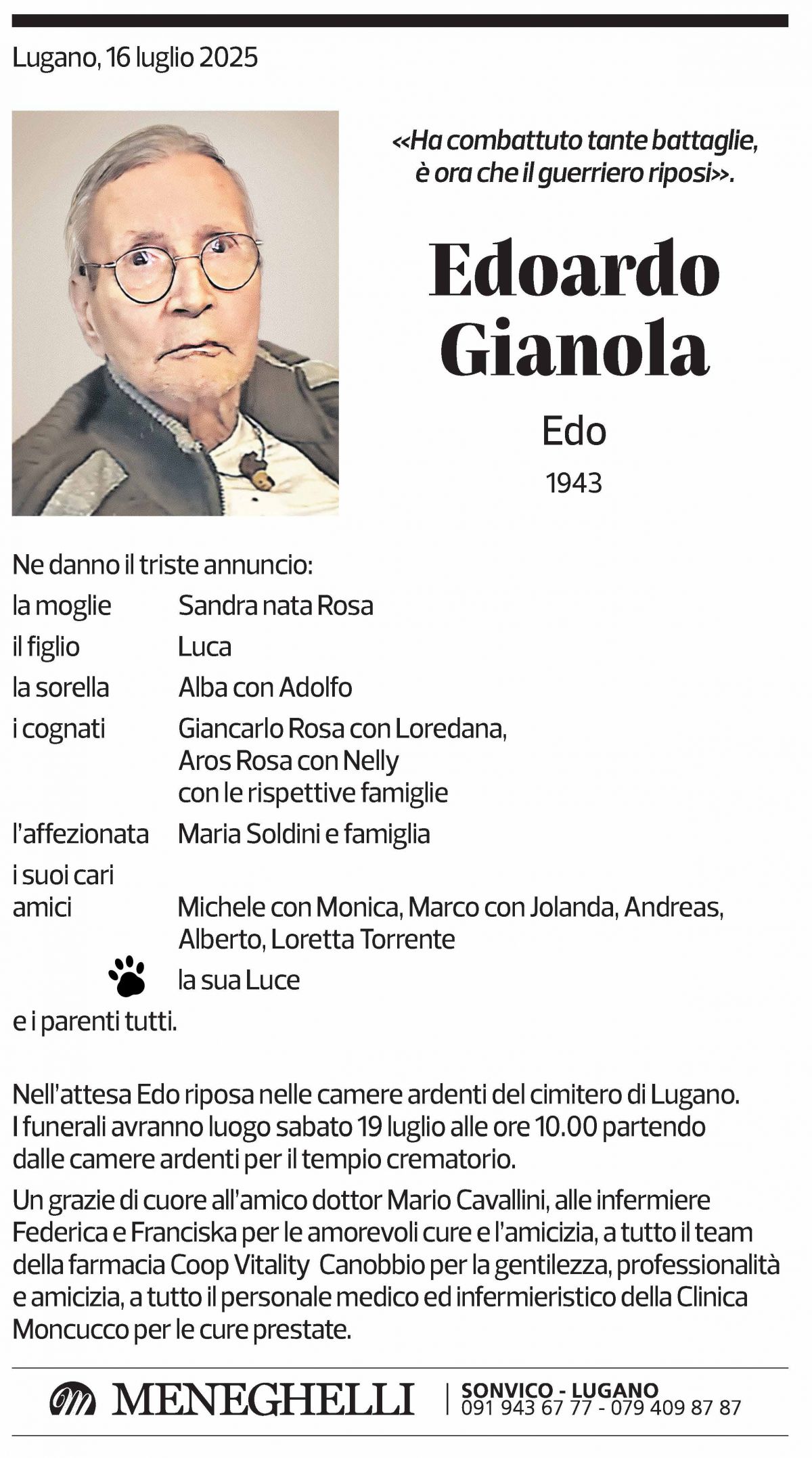 Annuncio funebre Edoardo Gianola