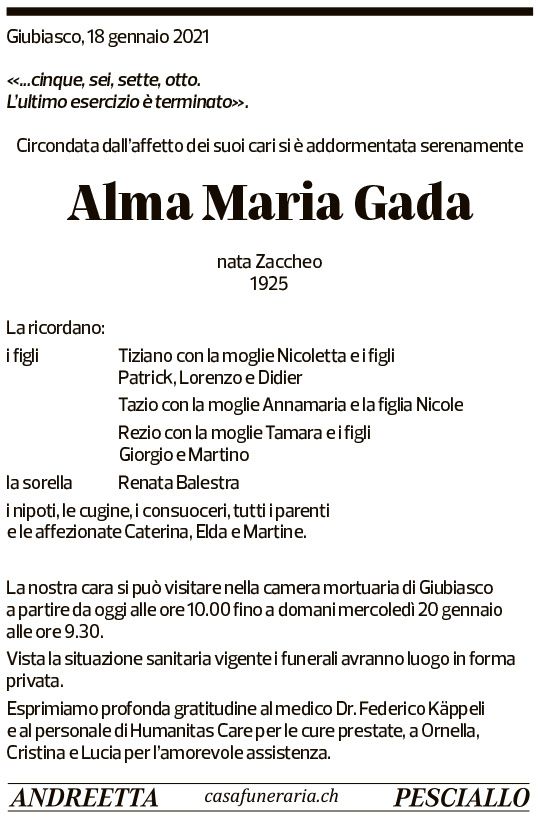 Annuncio funebre Alma Maria Gada