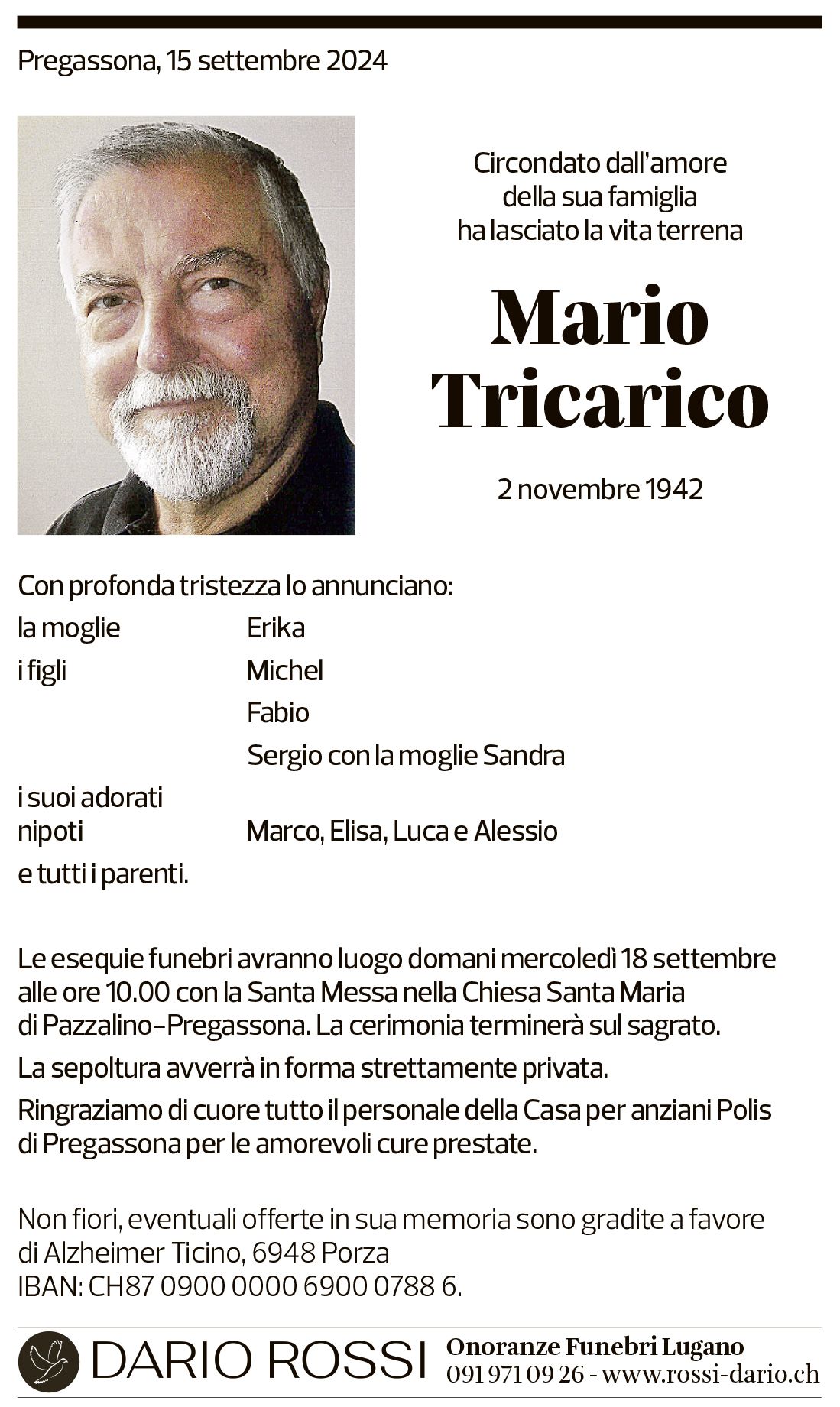 Annuncio funebre Mario Tricarico