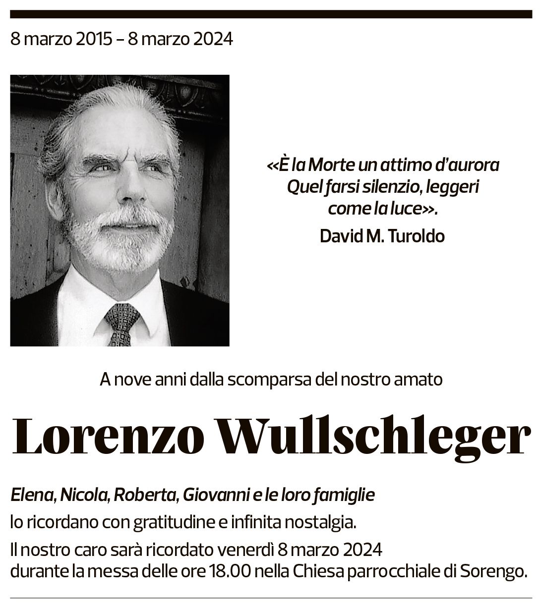 Annuncio funebre Lorenzo Wullschleger