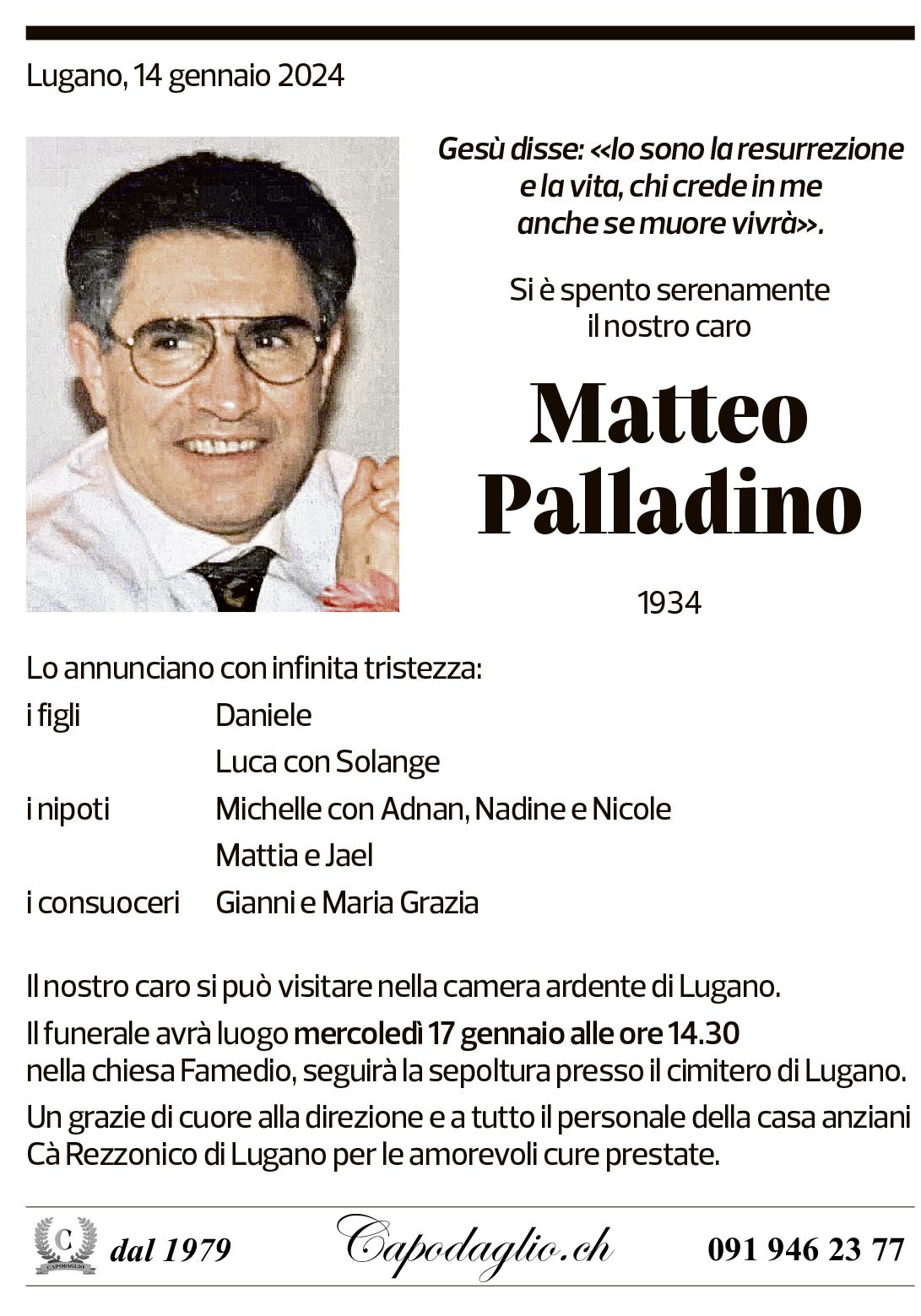 Annuncio funebre Matteo Palladino