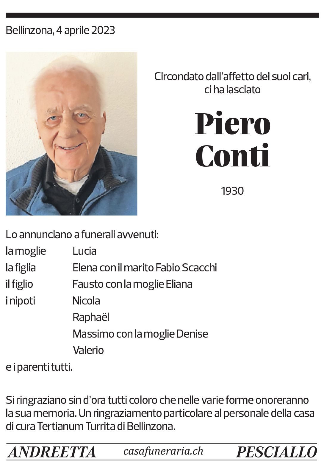 Annuncio funebre Piero Conti