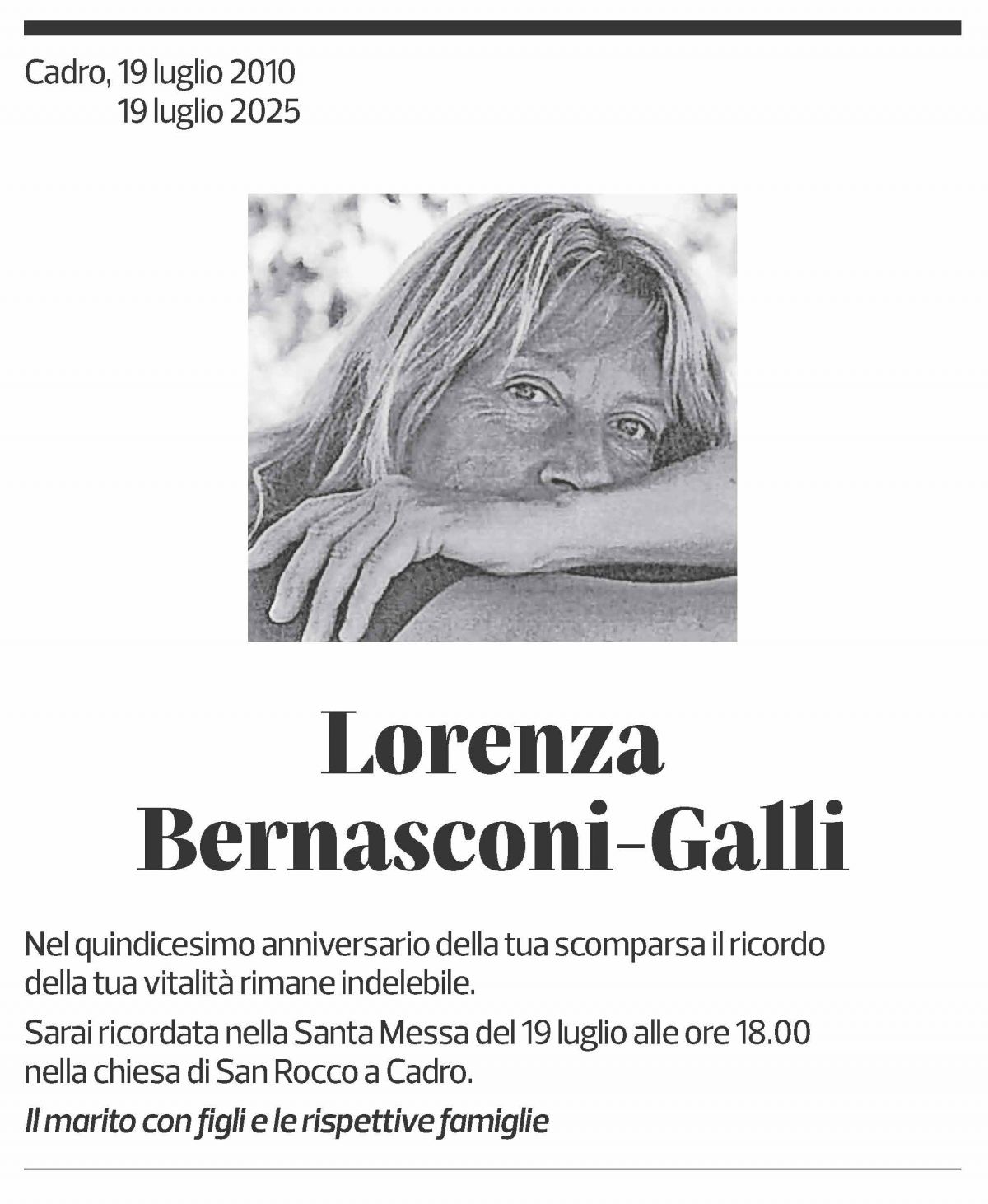 Annuncio funebre Lorenza Bernasconi-galli