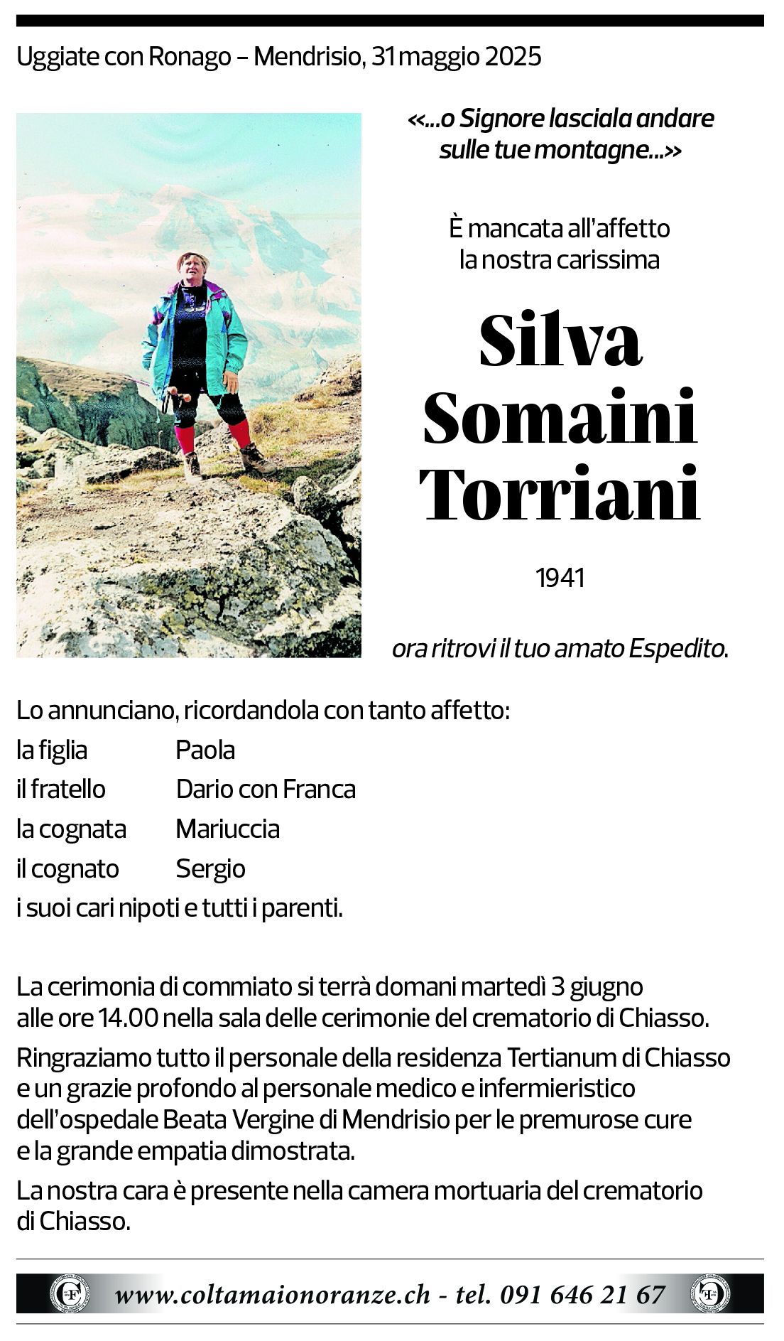 Annuncio funebre Silvia Somaini Torriani